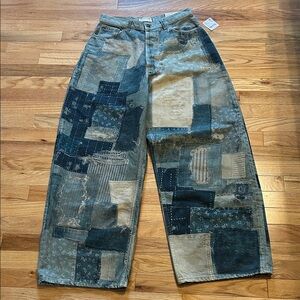 Free People We The Free Illusions Printed Patchwork barrel jeans. NWT. Size 28